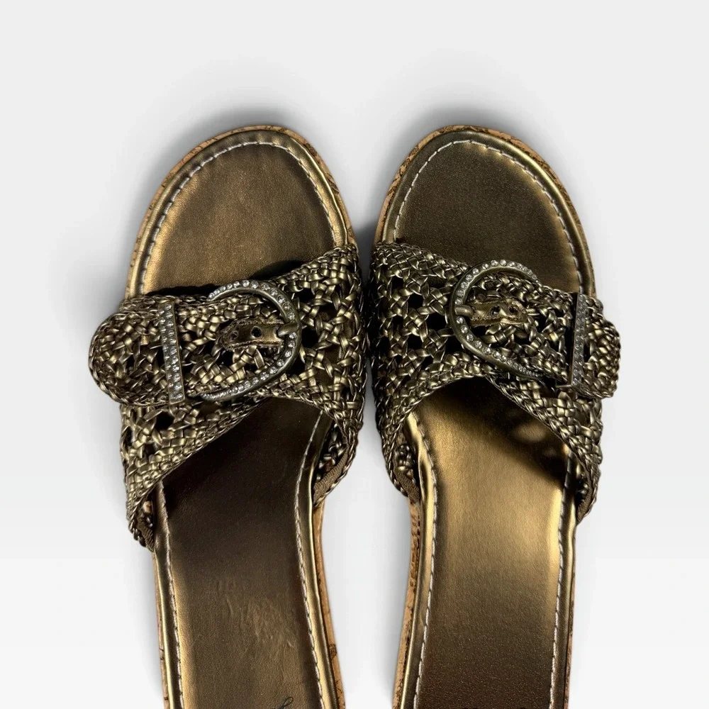 Yellow Box Debbie Wedge Sandals Womens 10 Bronze Woven Rhinestone Buckle New